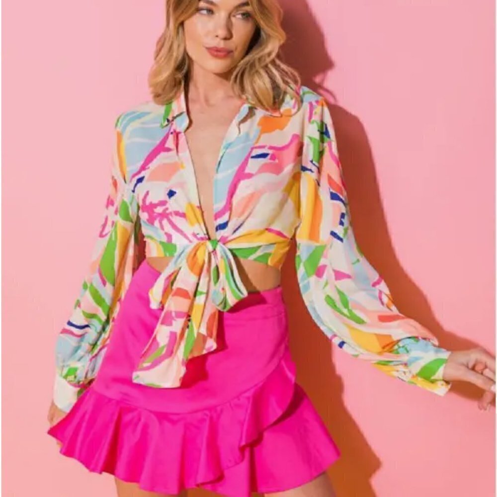 𝅺FLYING Tomato Women's Pink and Blue Abstract Print Waist Tie Crop Blouse